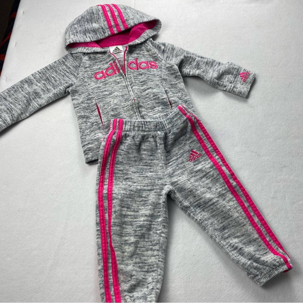 Adidas Heather Gray and Hot Pink Kids' Tracksuit Size 2T